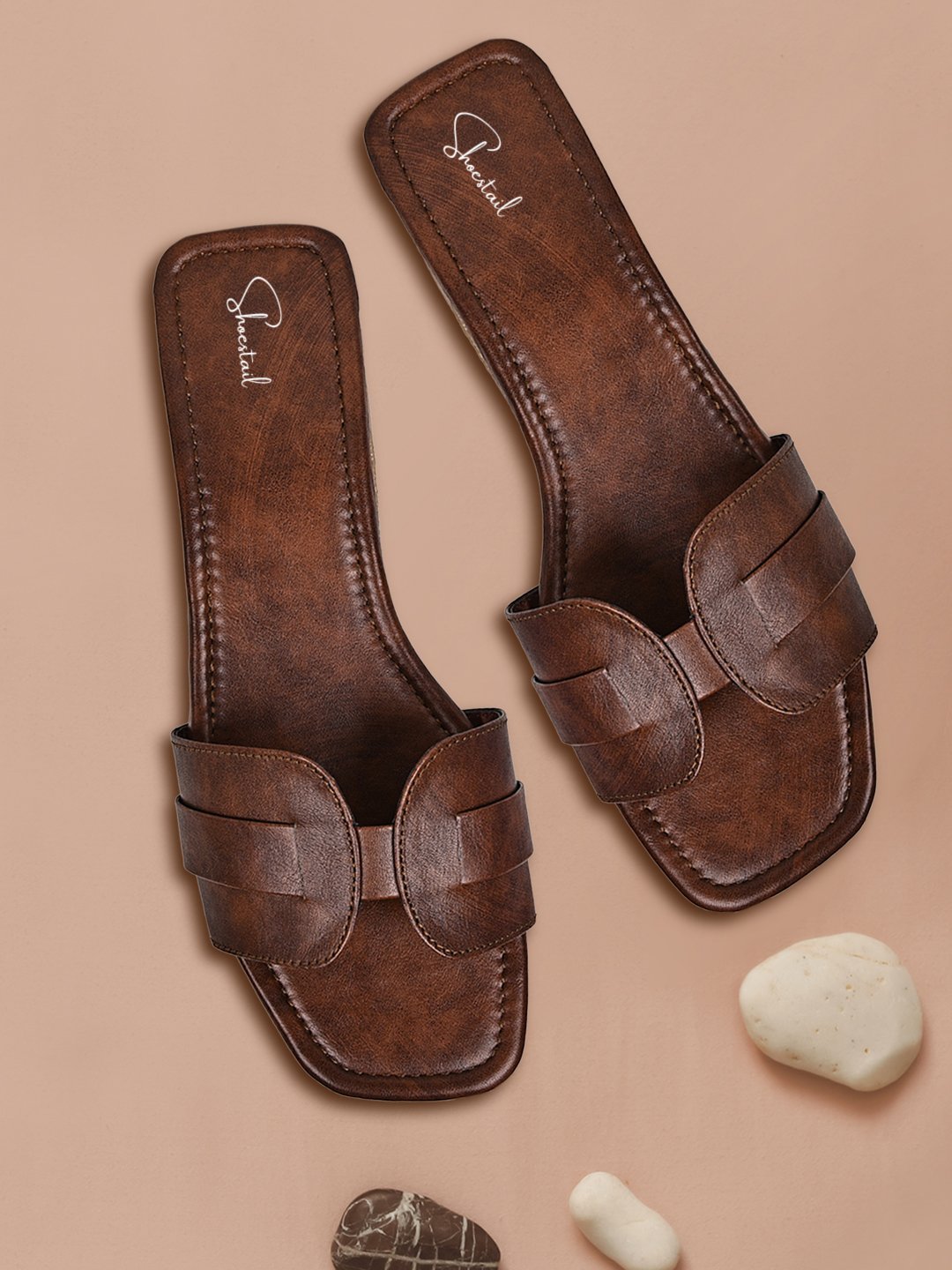 Shoestail Women’s Brown Woven Bow Square-Toe Flat Slippers